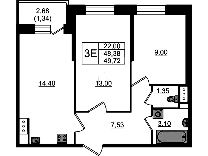 2-комнатная квартира 49.72 м², 4/23 эт., ЖК «Живи! В Рыбацком»